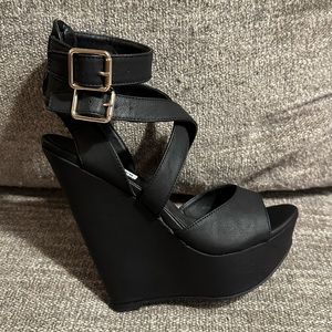 Steve Madden Strap Buckle Wedge Heels - Black - Size 7